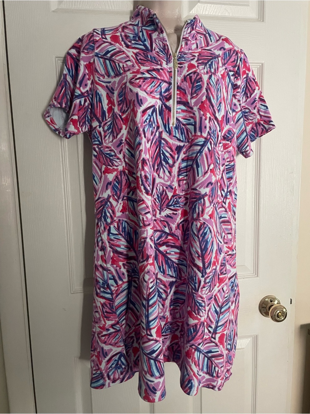 Belle Kim Gravel Pink Leaf Print Zip-Front Women's Dress